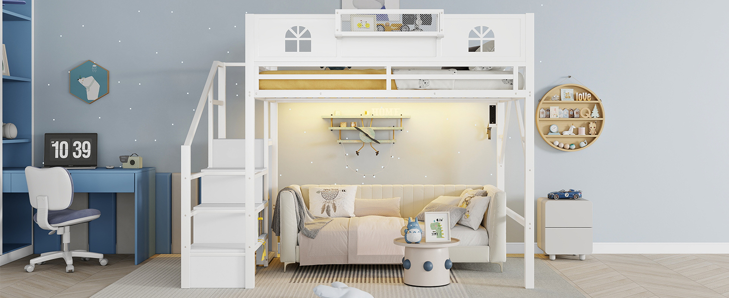 Metal Full Size Loft Bed with High and House Shaped Guardrails 17 Metal Full Size Loft Bed with High and House Shaped Guardrails