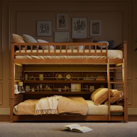 Full XL over Queen Bunk Bed with Integrated Shelving, Color-Changing Lights and Pegboard