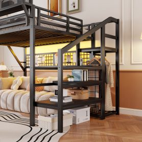 Metal Queen Size High Loft Bed With Stairs, Light And Storage