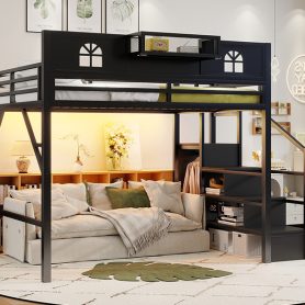 Metal Queen Size Loft Bed with High and House Shaped Guardrails 26 Metal Queen Size Loft Bed with High and House Shaped Guardrails