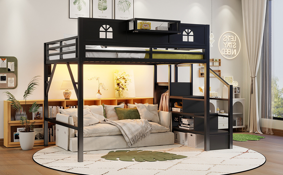 Metal Queen Size Loft Bed with High and House Shaped Guardrails 9 Metal Queen Size Loft Bed with High and House Shaped Guardrails