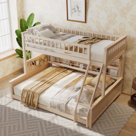 Twin XL over Queen Bunk Bed with Integrated Shelving, Color-Changing Lights and Pegboard