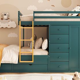 Full Size Bunk Bed With 2 Large Drawers, 5 Small Drawers and Small Wardrobe
