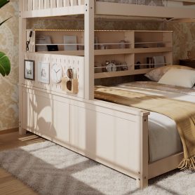 Twin XL over Queen Bunk Bed with Integrated Shelving, Color-Changing Lights and Pegboard
