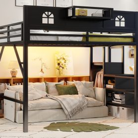 Metal Queen Size Loft Bed with High and House Shaped Guardrails 35 Metal Queen Size Loft Bed with High and House Shaped Guardrails