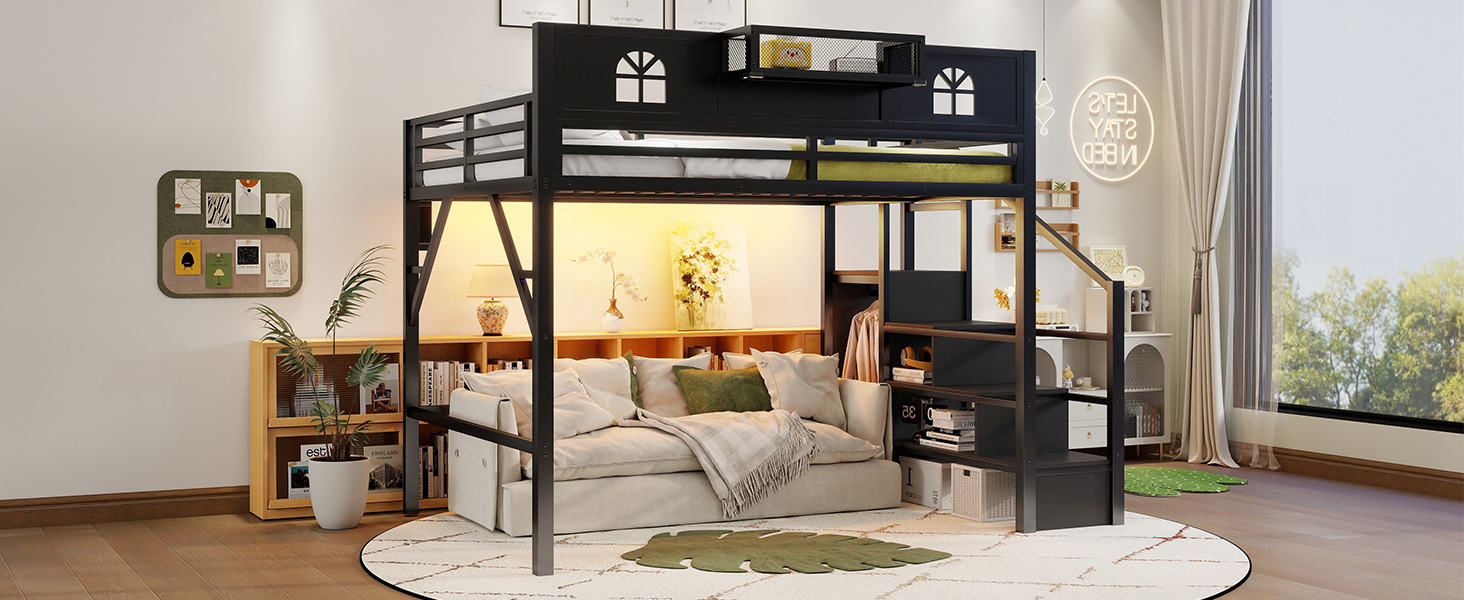 Metal Queen Size Loft Bed with High and House Shaped Guardrails 18 Metal Queen Size Loft Bed with High and House Shaped Guardrails