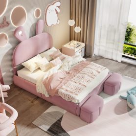 Full Size Platform Bed with Cartoon Ears Shaped Headboard and Light