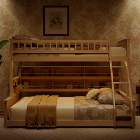 Twin XL over Queen Bunk Bed with Integrated Shelving, Color-Changing Lights and Pegboard