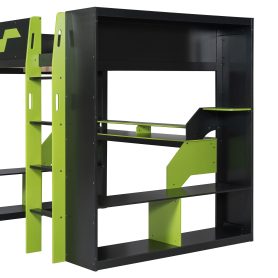 Full Size Wood Loft Bed with Power Outlet & USB/Type-C Ports, Integrated Cable Management, and RGB Light