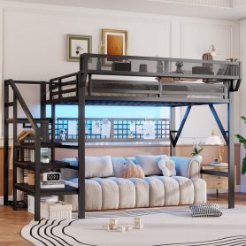 Metal Queen Size High Loft Bed With Stairs, Light And Storage