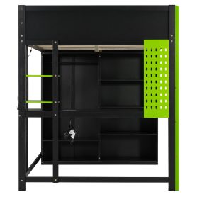 Full Size Wood Loft Bed with Desk, Open Wardrobe and RGB Light