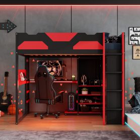 Full Size Wood Loft Bed with Desk, Multi-storage Shelves,USB and RGB Light 24 Full Size Wood Loft Bed with Desk, Multi-storage Shelves,USB and RGB Light