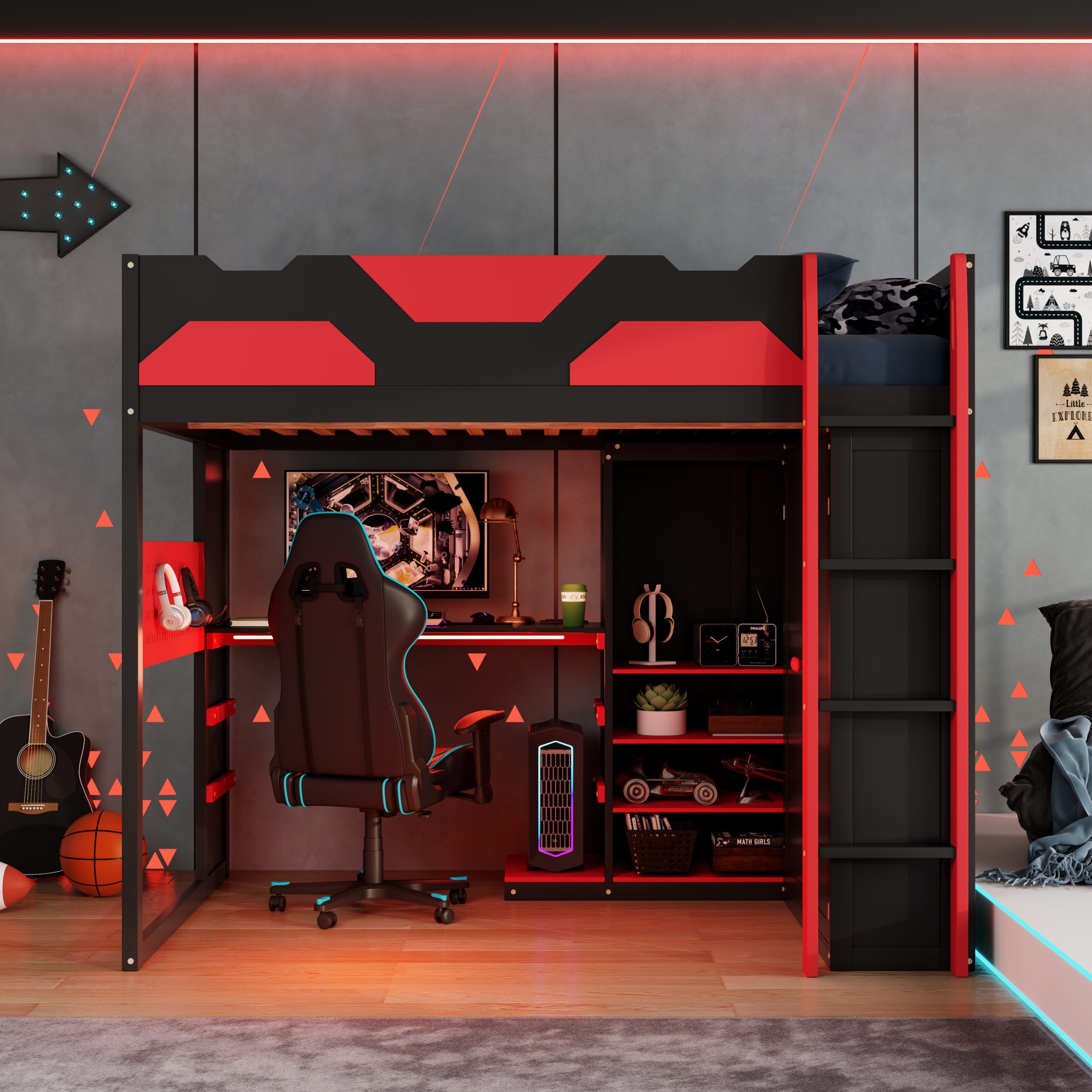 Full Size Wood Loft Bed with Desk, Multi-storage Shelves,USB and RGB Light 4 Full Size Wood Loft Bed with Desk, Multi-storage Shelves,USB and RGB Light