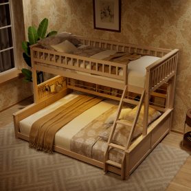 Twin XL over Queen Bunk Bed with Integrated Shelving, Color-Changing Lights and Pegboard