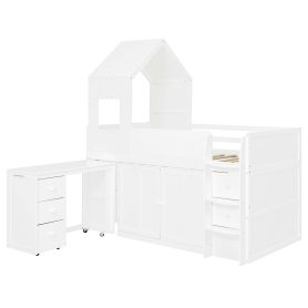 Twin Size Wooden Loft Bed With Desk, Drawers and Cabinets