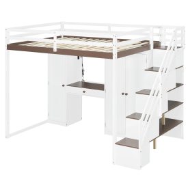 Full Size Loft Bed With Storage Staircase, Built-in Dressing Table, Wardrobe & Cabinets, USB Charging Ports And Lights