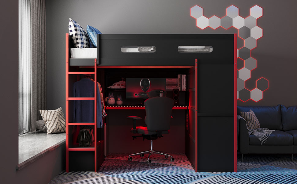 Full Size Wood Loft Bed with Desk,Wardrobe,Ample Storage Space,and RGB Light 20 Full Size Wood Loft Bed with Desk,Wardrobe,Ample Storage Space,and RGB Light