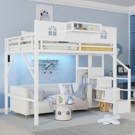 Metal Full Size Loft Bed with High and House Shaped Guardrails