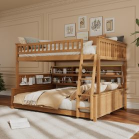 Full XL over Queen Bunk Bed with Integrated Shelving, Color-Changing Lights and Pegboard