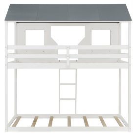 Wood Twin Over Twin Bunk Bed with Roof, Window, Guardrail, Ladder
