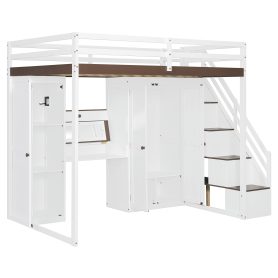 Full Size Loft Bed With Storage Staircase, Built-in Dressing Table, Wardrobe & Cabinets, USB Charging Ports And Lights