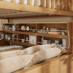 Full XL over Queen Bunk Bed with Integrated Shelving, Color-Changing Lights and Pegboard