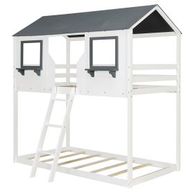 Wood Twin Over Twin Bunk Bed with Roof, Window, Guardrail, Ladder
