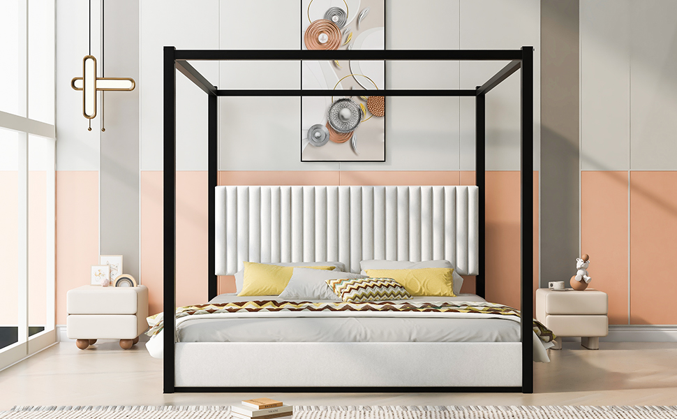 King Size Upholstery Canopy Platform Bed with Headboard and Metal Frame 6 King Size Upholstery Canopy Platform Bed with Headboard and Metal Frame