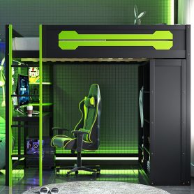 Full Size Wood Loft Bed with Desk, Open Wardrobe and RGB Light