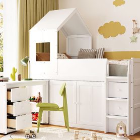 Twin Size Wooden Loft Bed With Desk, Drawers and Cabinets
