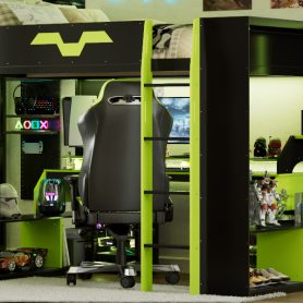 Full Size Wood Loft Bed with Power Outlet & USB/Type-C Ports, Integrated Cable Management, and RGB Light