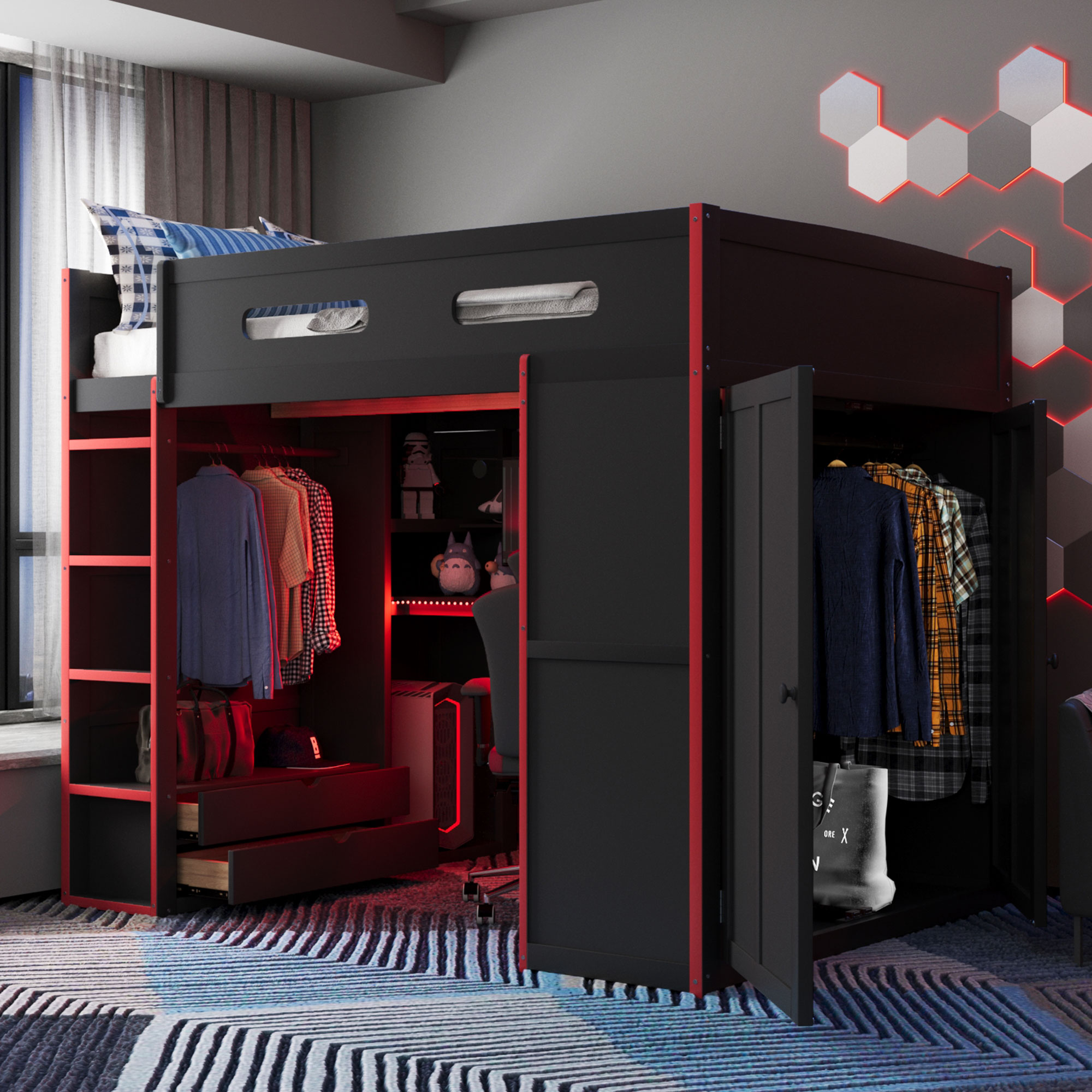 Full Size Wood Loft Bed with Desk,Wardrobe,Ample Storage Space,and RGB Light 3 Full Size Wood Loft Bed with Desk,Wardrobe,Ample Storage Space,and RGB Light