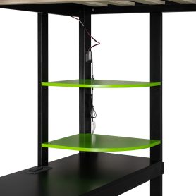 Full Size Wood Loft Bed with Desk, Open Wardrobe and RGB Light