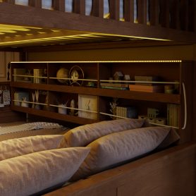 Full XL over Queen Bunk Bed with Integrated Shelving, Color-Changing Lights and Pegboard