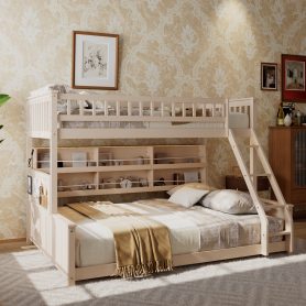 Twin XL over Queen Bunk Bed with Integrated Shelving, Color-Changing Lights and Pegboard