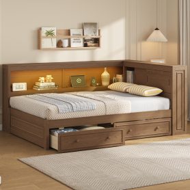 Full Size Wood Daybed with Storage Shelves, USB, LED, and 2 Drawers