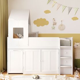 Twin Size Wooden Loft Bed With Desk, Drawers and Cabinets