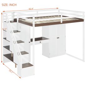Full Size Loft Bed With Storage Staircase, Built-in Dressing Table, Wardrobe & Cabinets, USB Charging Ports And Lights
