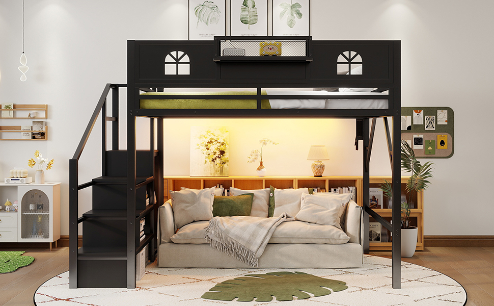 Metal Queen Size Loft Bed with High and House Shaped Guardrails 7 Metal Queen Size Loft Bed with High and House Shaped Guardrails