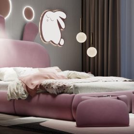 Full Size Platform Bed with Cartoon Ears Shaped Headboard and Light