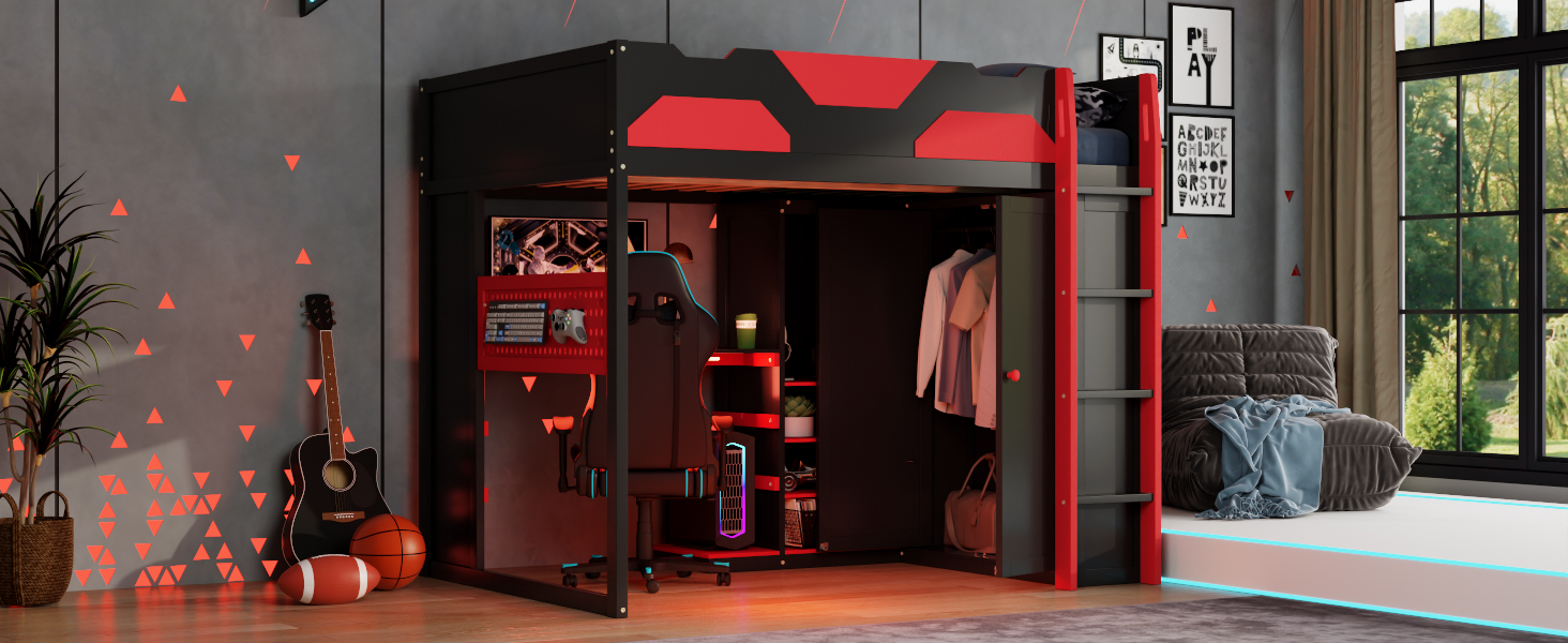 Full Size Wood Loft Bed with Desk, Multi-storage Shelves,USB and RGB Light 23 Full Size Wood Loft Bed with Desk, Multi-storage Shelves,USB and RGB Light