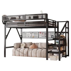 Metal Queen Size High Loft Bed With Stairs, Light And Storage