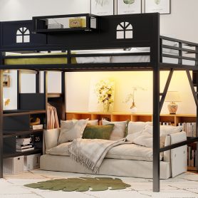 Metal Queen Size Loft Bed with High and House Shaped Guardrails 36 Metal Queen Size Loft Bed with High and House Shaped Guardrails