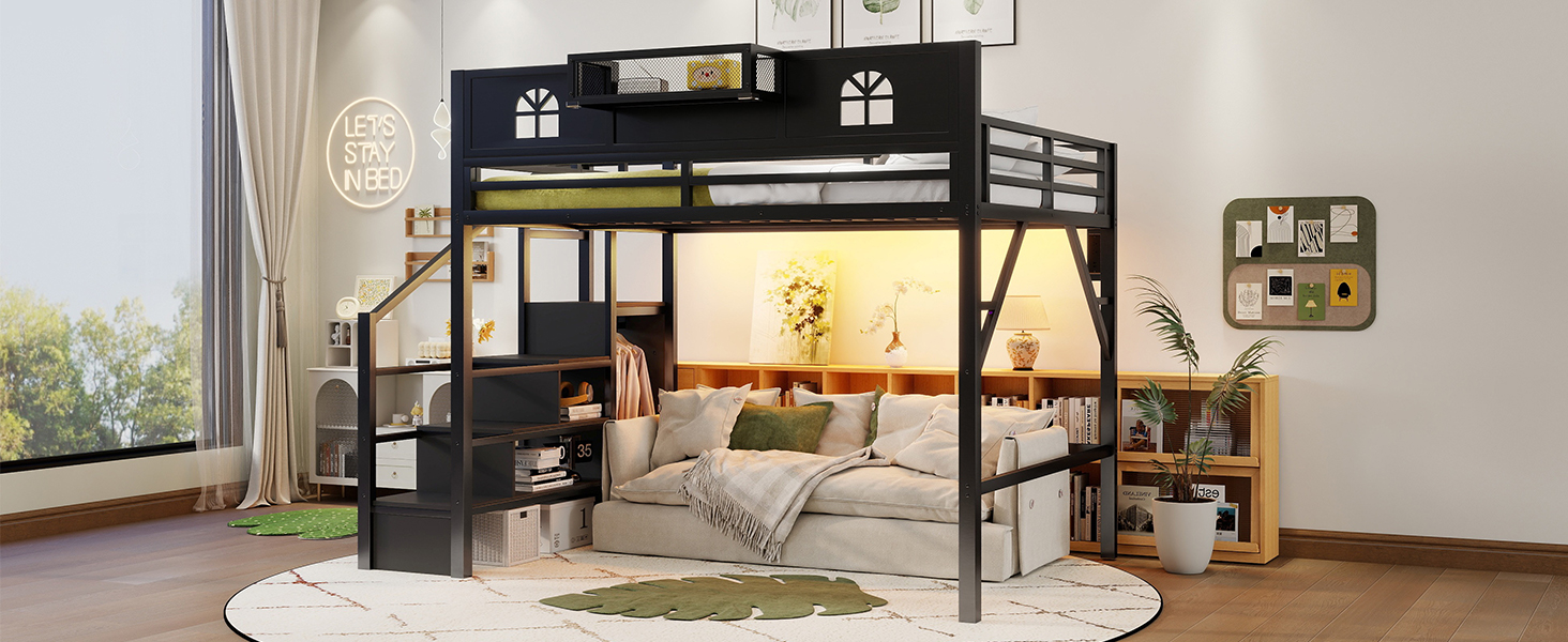 Metal Queen Size Loft Bed with High and House Shaped Guardrails 19 Metal Queen Size Loft Bed with High and House Shaped Guardrails