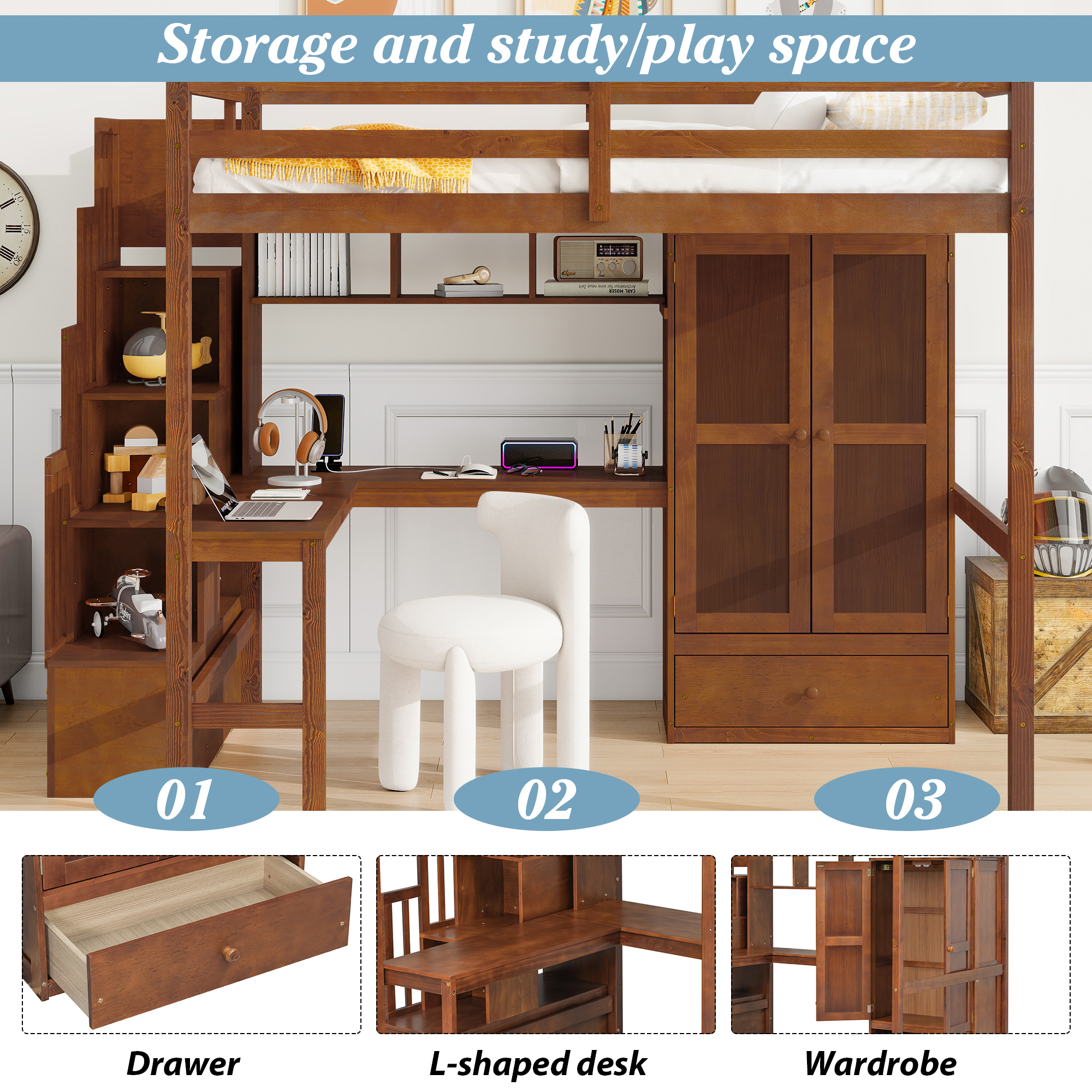 Full Size Loft Wood Bed With Desk, Book Shelves And Wardrobe 25 Full Size Loft Wood Bed With Desk, Book Shelves And Wardrobe