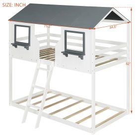 Wood Twin Over Twin Bunk Bed with Roof, Window, Guardrail, Ladder
