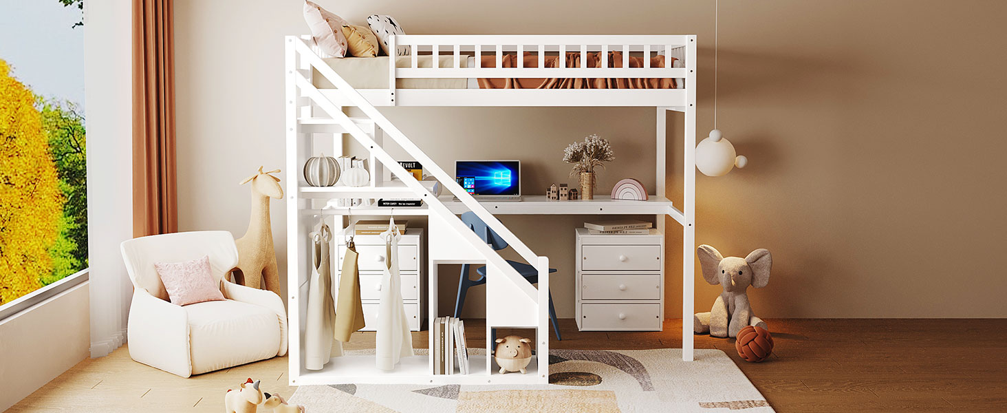 Twin Size Loft Bed with Two Chest of Drawers, Desk and Light Strip 16 Twin Size Loft Bed with Two Chest of Drawers, Desk and Light Strip