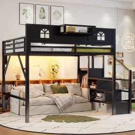 Metal Queen Size Loft Bed with High and House Shaped Guardrails
