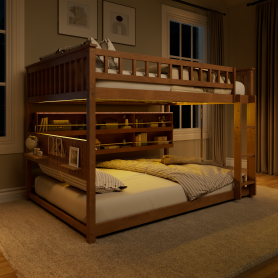 Full Over Full Bunk Bed With Integrated Shelving, Color-changing Lights And Pegboard