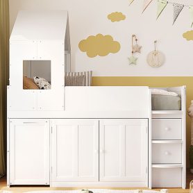 Twin Size Wooden Loft Bed With Desk, Drawers and Cabinets